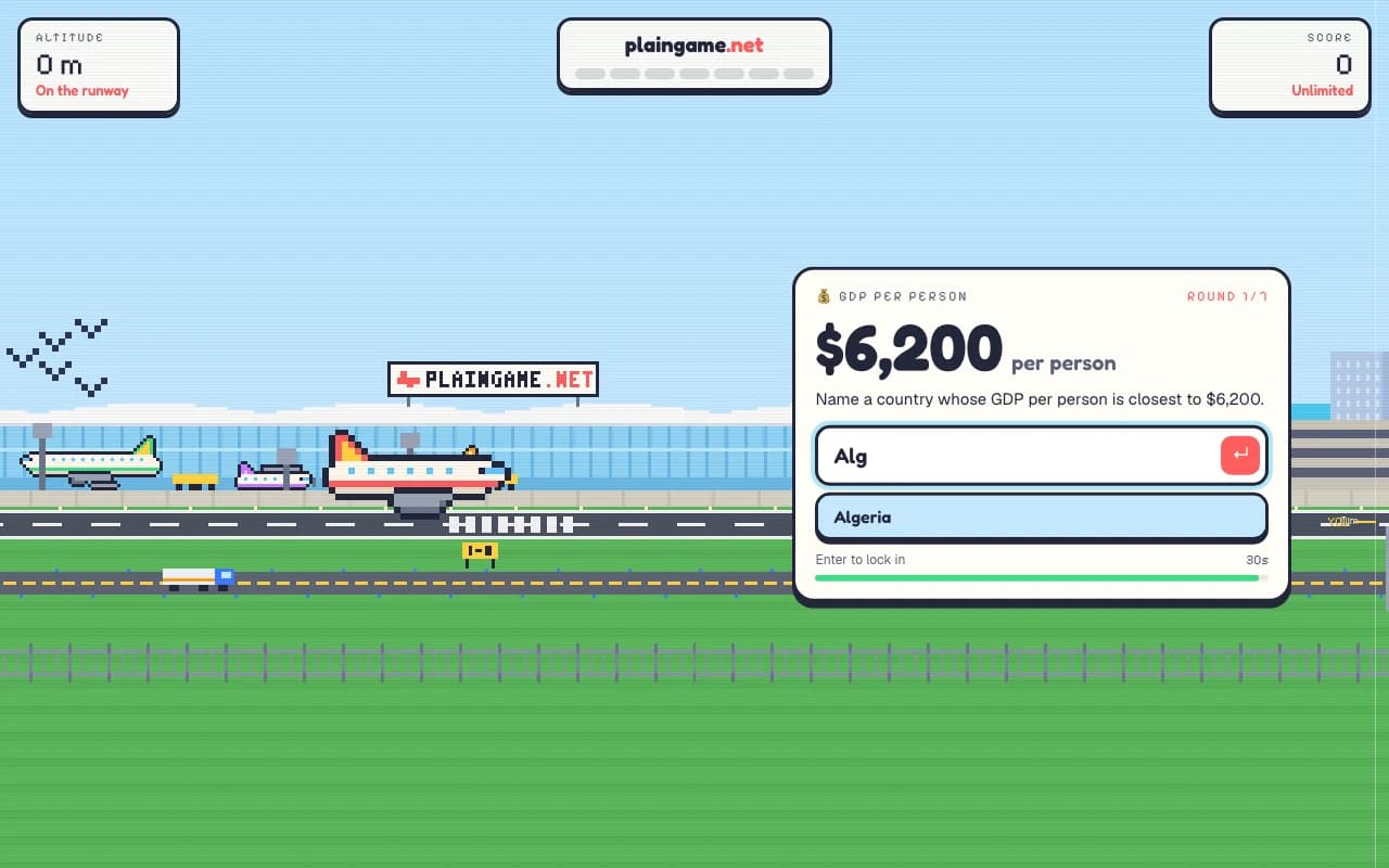 Plain Game round on the runway: name a country with GDP per person closest to $6,200